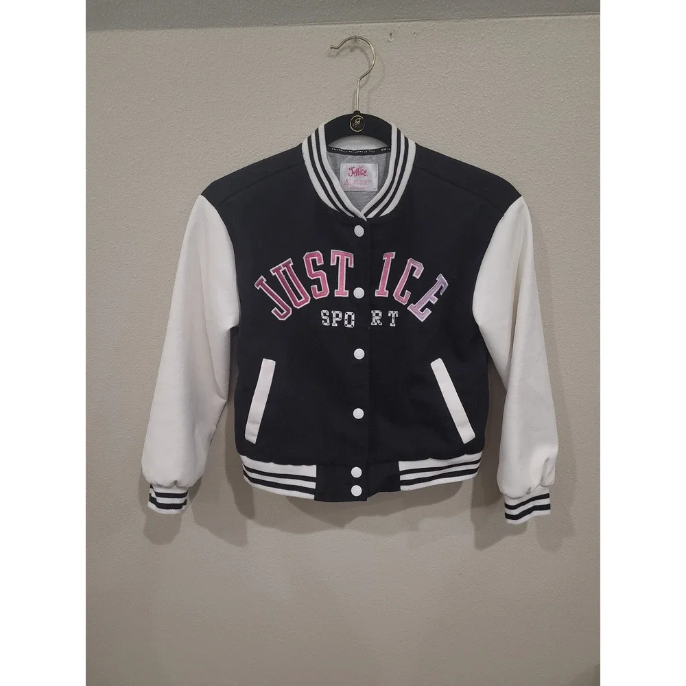 Justice Sport Girls SZ S (7/8) Varsity Style Jacket black white pink accent prep